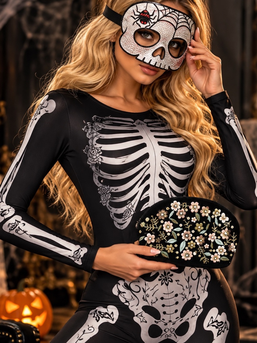 Spirit Bonafide Beauty Skeleton Costume M + Skull Mask + Embroidered Clutch